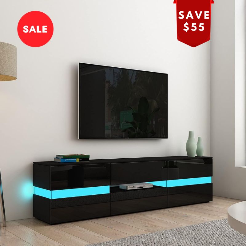 Modern High Gloss Front TV Entertainment Unit 177cm LED Storage Drawer - Black