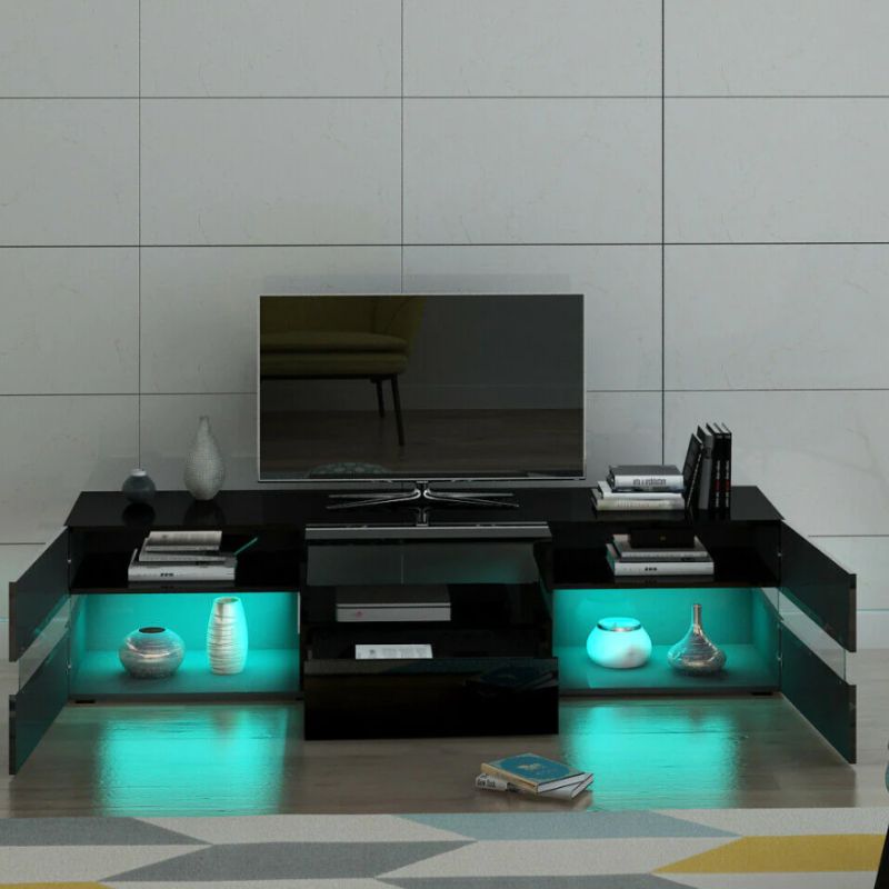 Modern High Gloss Front TV Entertainment Unit 177cm LED Storage Drawer - Black