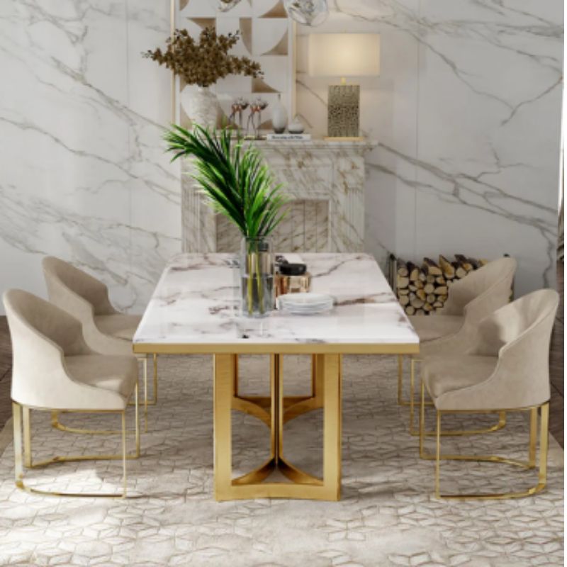 Manika Modern Marble Dining Table White Gold Trim Rectangular Tabletop