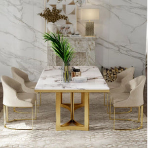 Manika Modern Marble Dining Table White Gold Trim Rectangular Tabletop