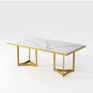 Manika Modern Marble Dining Table White Gold Trim Rectangular Tabletop