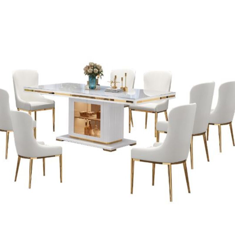 Asta Luxury Glass Top High Gloss Dining Table White & Gold with 8 Chairs