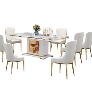 Asta Luxury Glass Top High Gloss Dining Table White & Gold with 8 Chairs