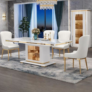 Asta Luxury Glass Top High Gloss Dining Table White & Gold with 8 Chairs