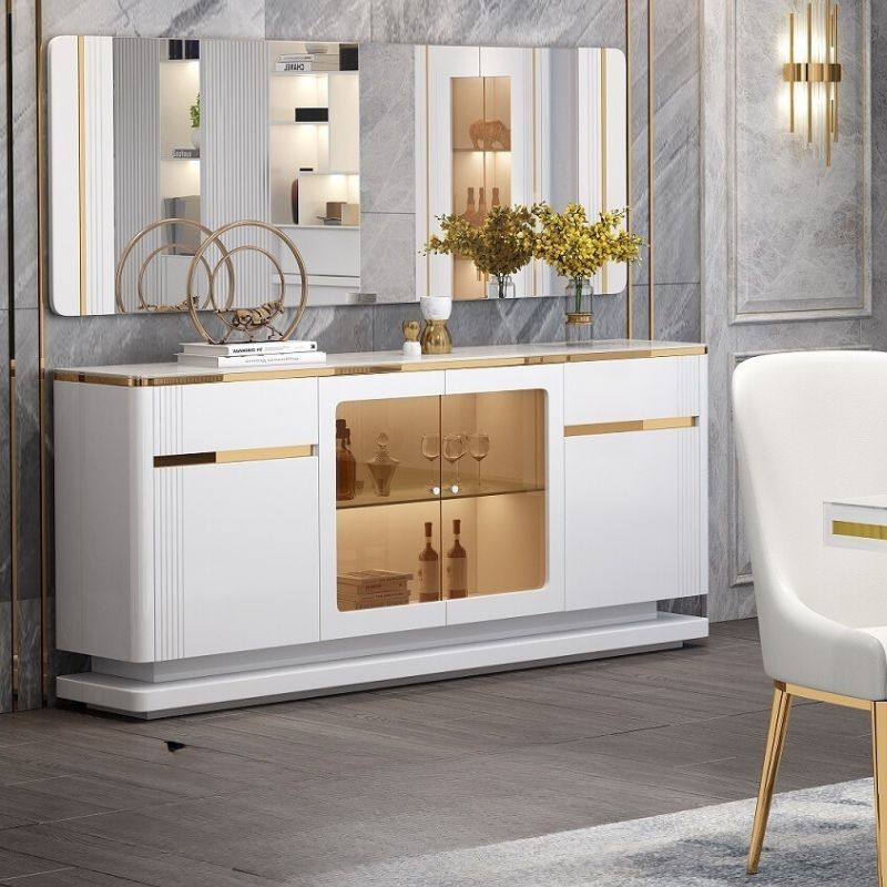 Julie High Gloss White Dining Cabinet Glossy White & Gold Finish