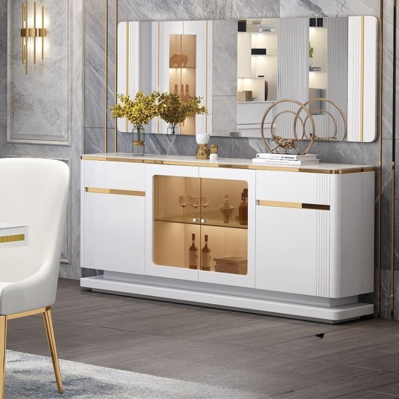 Julie High Gloss White Dining Cabinet Glossy White & Gold Finish