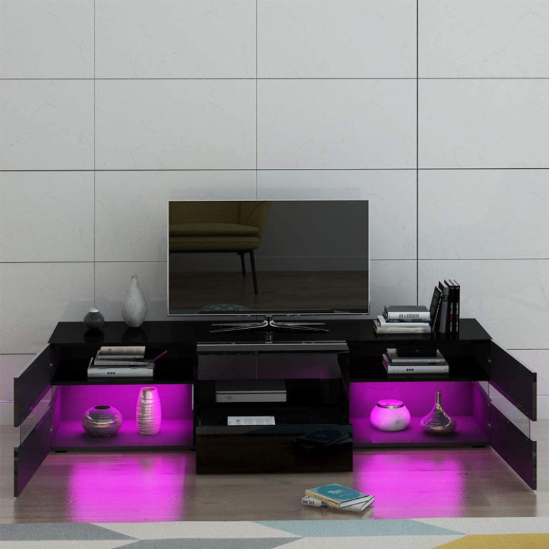 Modern High Gloss Front TV Entertainment Unit 177cm LED Storage Drawer - Black