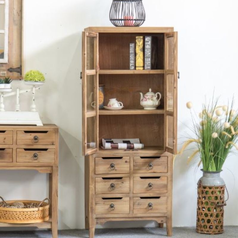 Display wooden storage tall cabinet with glass doors